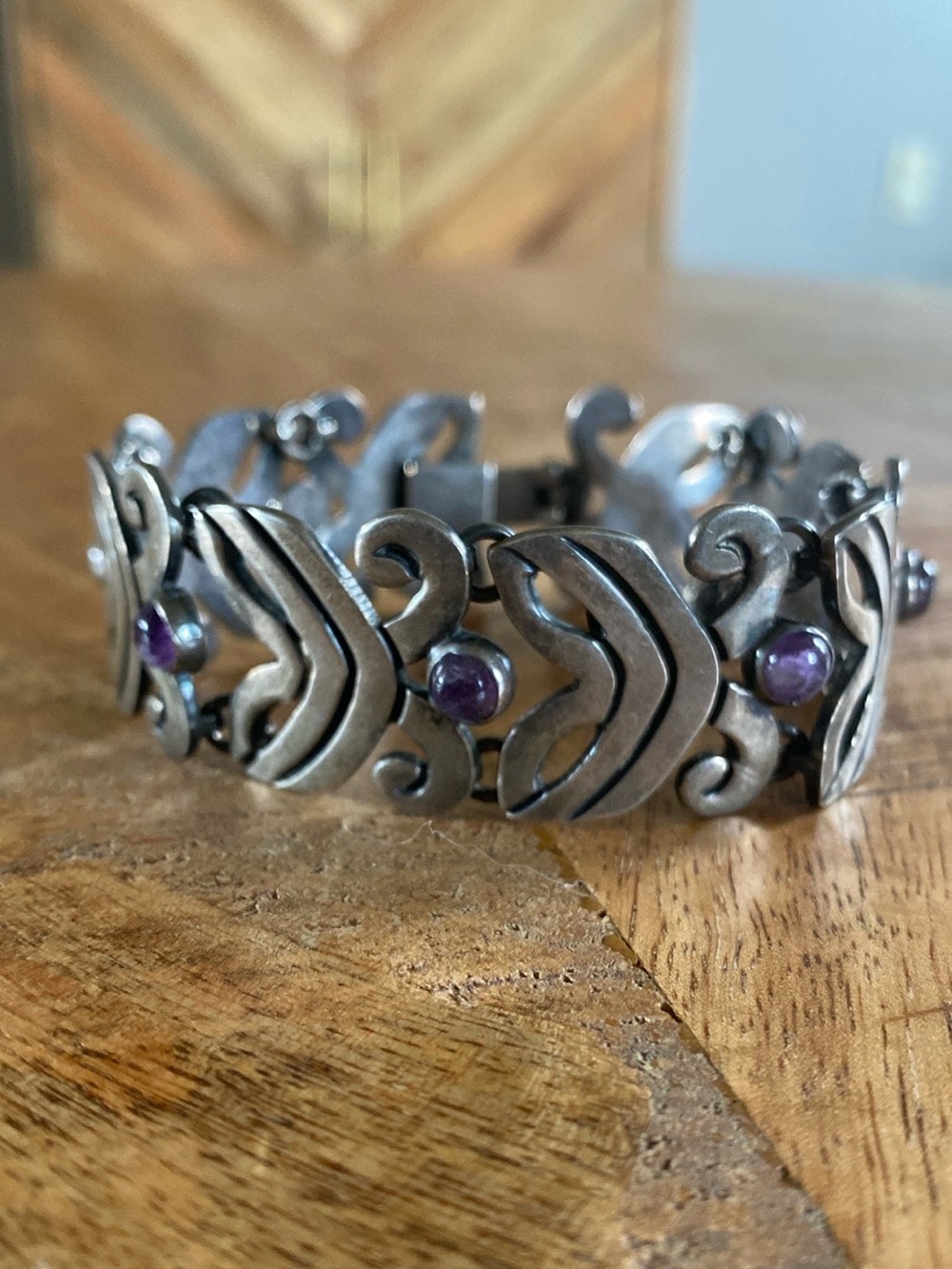 Vintage Signed Mexican Sterling Silver & Amethyst Panel Link Bracelet